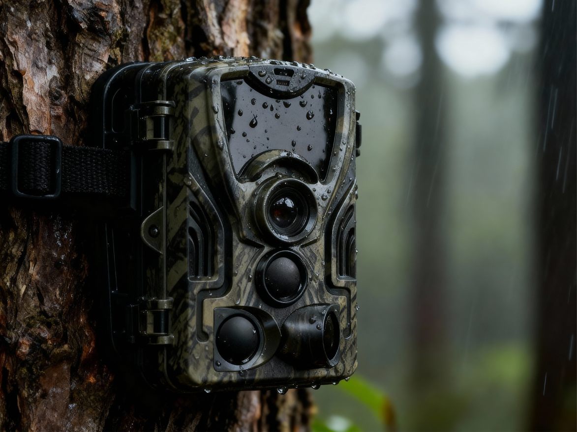 Caméra de chasse 4K avec écran attachée à un arbre sous la pluie démontrant sa résistance aux intempéries
