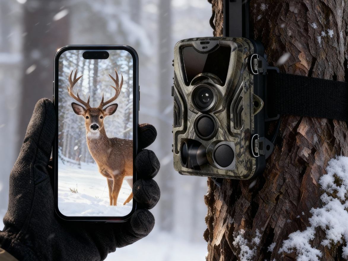 Caméra de chasse 4G fixée à un arbre envoyant la photo d’un cerf sur smartphone en pleine neige