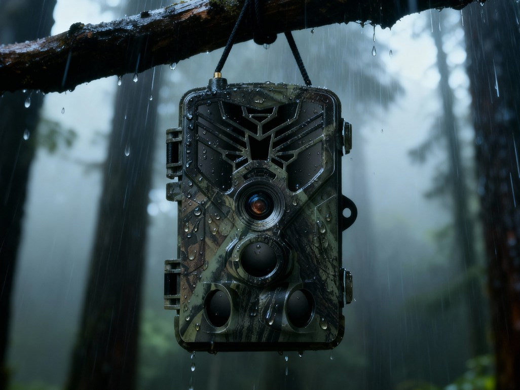 Caméra de chasse 4K avec écran attachée à un arbre sous la pluie démontrant sa résistance aux intempéries