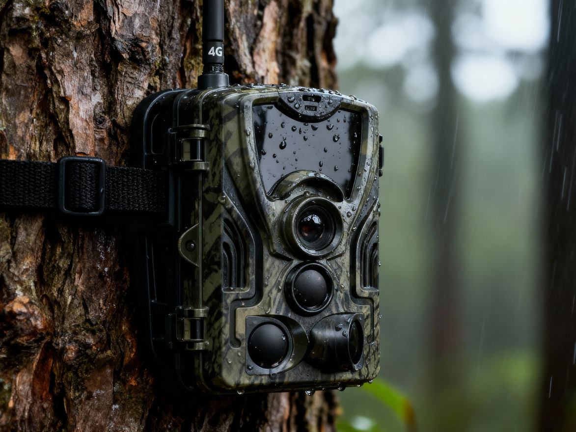 Caméra de chasse 4G fixée à un arbre sous la pluie pour la surveillance extérieure par tous les temps